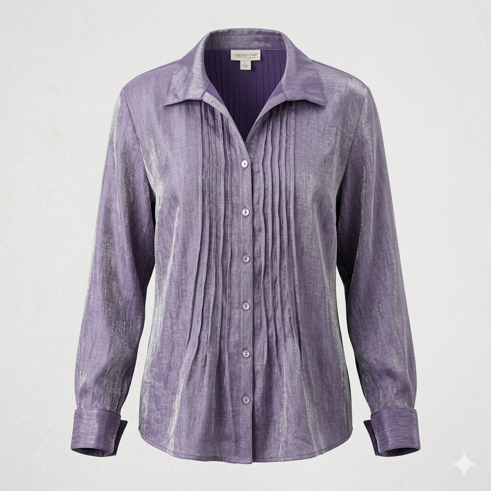 Coldwater Creek Purple Shimmer Pintuck Button Up Shirt L
